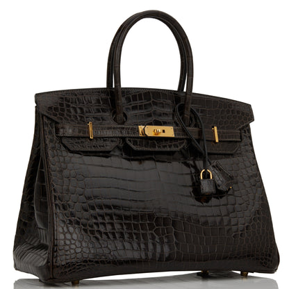 Pre-owned Hermes Birkin 35 Graphite Shiny Porosus Crocodile Gold Hardware