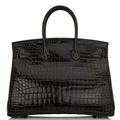 Pre-owned Hermes Birkin 35 Graphite Shiny Porosus Crocodile Gold Hardware