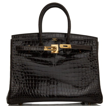 Pre-owned Hermes Birkin 35 Graphite Shiny Porosus Crocodile Gold Hardware