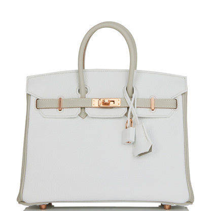 Hermes Special Order (HSS) Birkin 25 White and Gris Perle Clemence Rose Gold Hardware