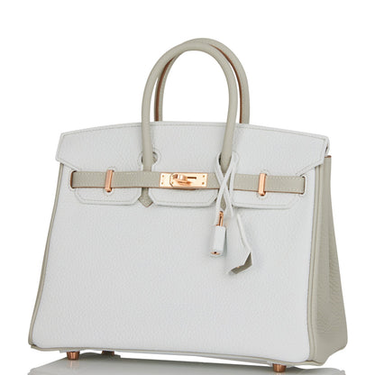 Hermes Special Order (HSS) Birkin 25 White and Gris Perle Clemence Rose Gold Hardware