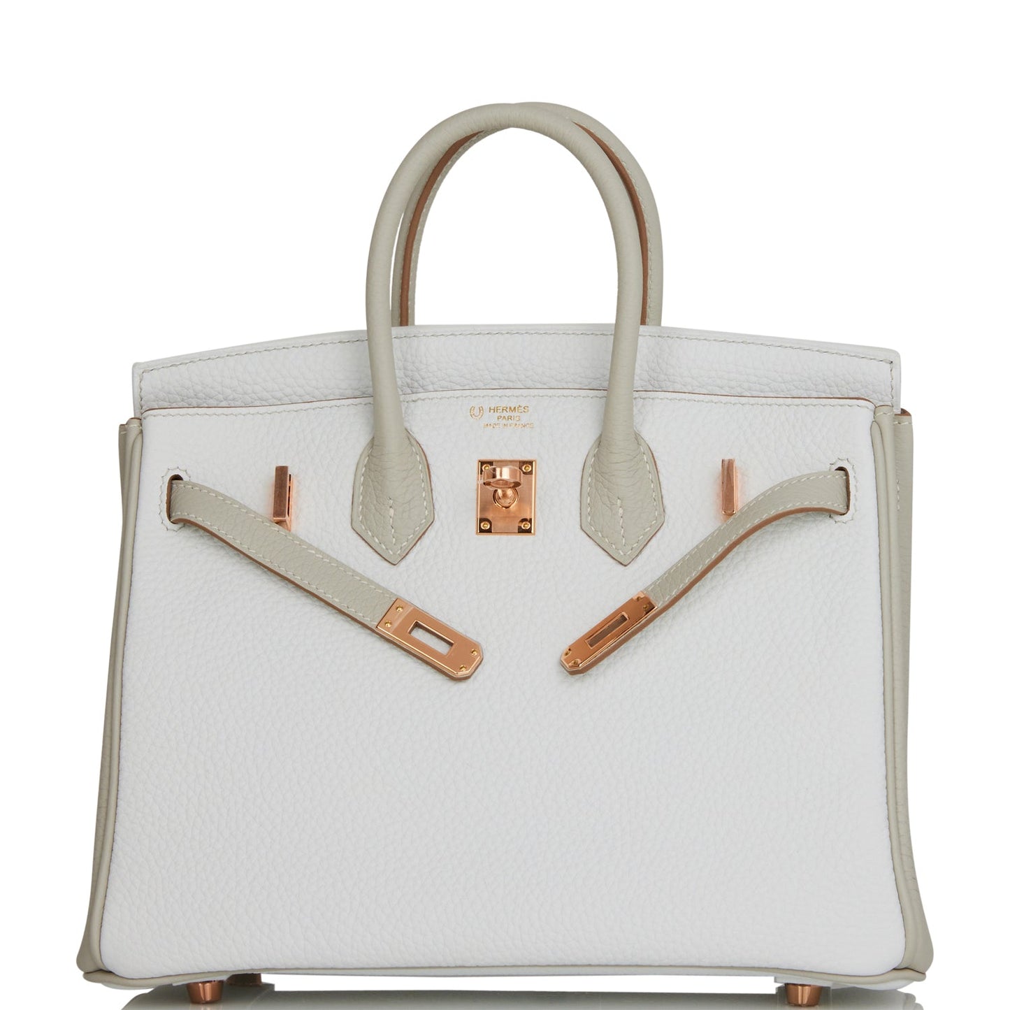 Hermes Special Order (HSS) Birkin 25 White and Gris Perle Clemence Rose Gold Hardware