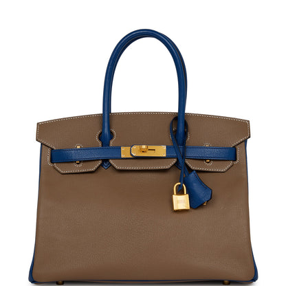 Pre-owned Hermes Special Order (HSS) Birkin 30 Etoupe and Bleu Saphire Chevre Brushed Gold Hardware