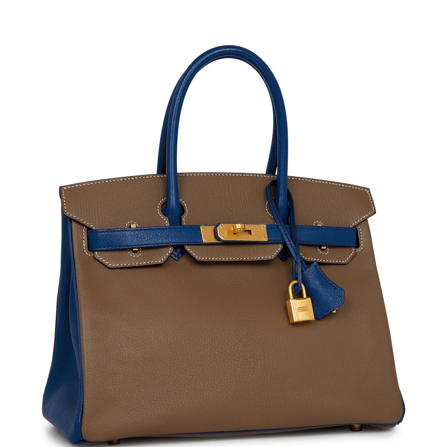 Pre-owned Hermes Special Order (HSS) Birkin 30 Etoupe and Bleu Saphire Chevre Brushed Gold Hardware