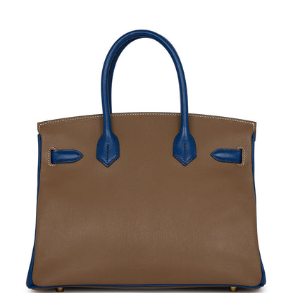 Pre-owned Hermes Special Order (HSS) Birkin 30 Etoupe and Bleu Saphire Chevre Brushed Gold Hardware