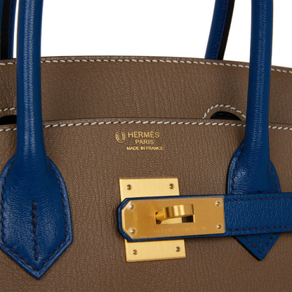 Pre-owned Hermes Special Order (HSS) Birkin 30 Etoupe and Bleu Saphire Chevre Brushed Gold Hardware