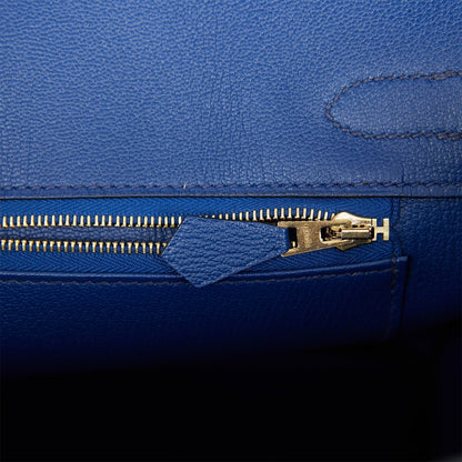 Pre-owned Hermes Special Order (HSS) Birkin 30 Etoupe and Bleu Saphire Chevre Brushed Gold Hardware