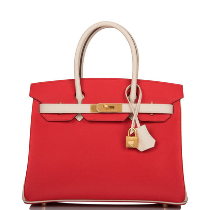 Hermes Special Order (HSS) Birkin 30 Rouge de Coeur and Craie Epsom Brushed Gold Hardware