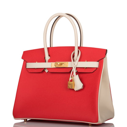 Hermes Special Order (HSS) Birkin 30 Rouge de Coeur and Craie Epsom Brushed Gold Hardware