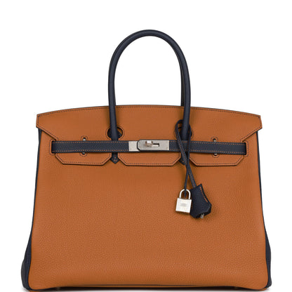 Hermes Special Order (HSS) Birkin 35 Gold and Bleu Nuit Togo Brushed Palladium Hardware