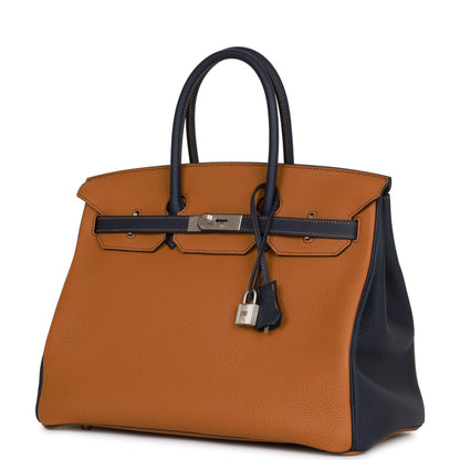 Hermes Special Order (HSS) Birkin 35 Gold and Bleu Nuit Togo Brushed Palladium Hardware