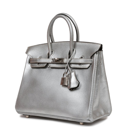 Pre-owned Hermes Birkin 25 Silver Metallic Chevre Palladium Hardware