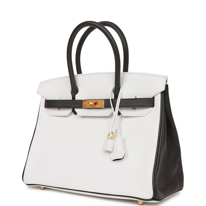 Hermes Special Order (HSS) Birkin 30 White and Black Clemence Brushed Gold Hardware