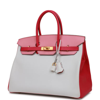 Pre-owned Hermes Special Order (HSS) Birkin 35 Rose Tyrien, Rose Lipstick and White Epsom Brushed Gold Hardware