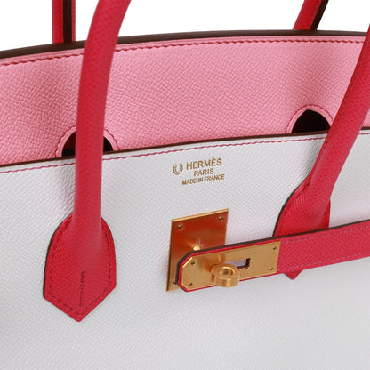 Pre-owned Hermes Special Order (HSS) Birkin 35 Rose Tyrien, Rose Lipstick and White Epsom Brushed Gold Hardware