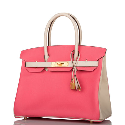 Hermes Special Order (HSS) Birkin 30 Craie and Rose Azalee Epsom Brushed Gold Hardware