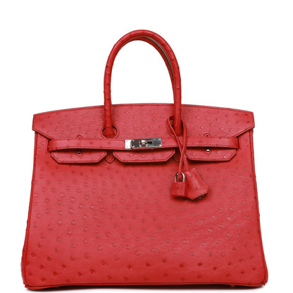 Pre-owned Hermes Birkin 35 Rouge Vif Ostrich Palladium Hardware