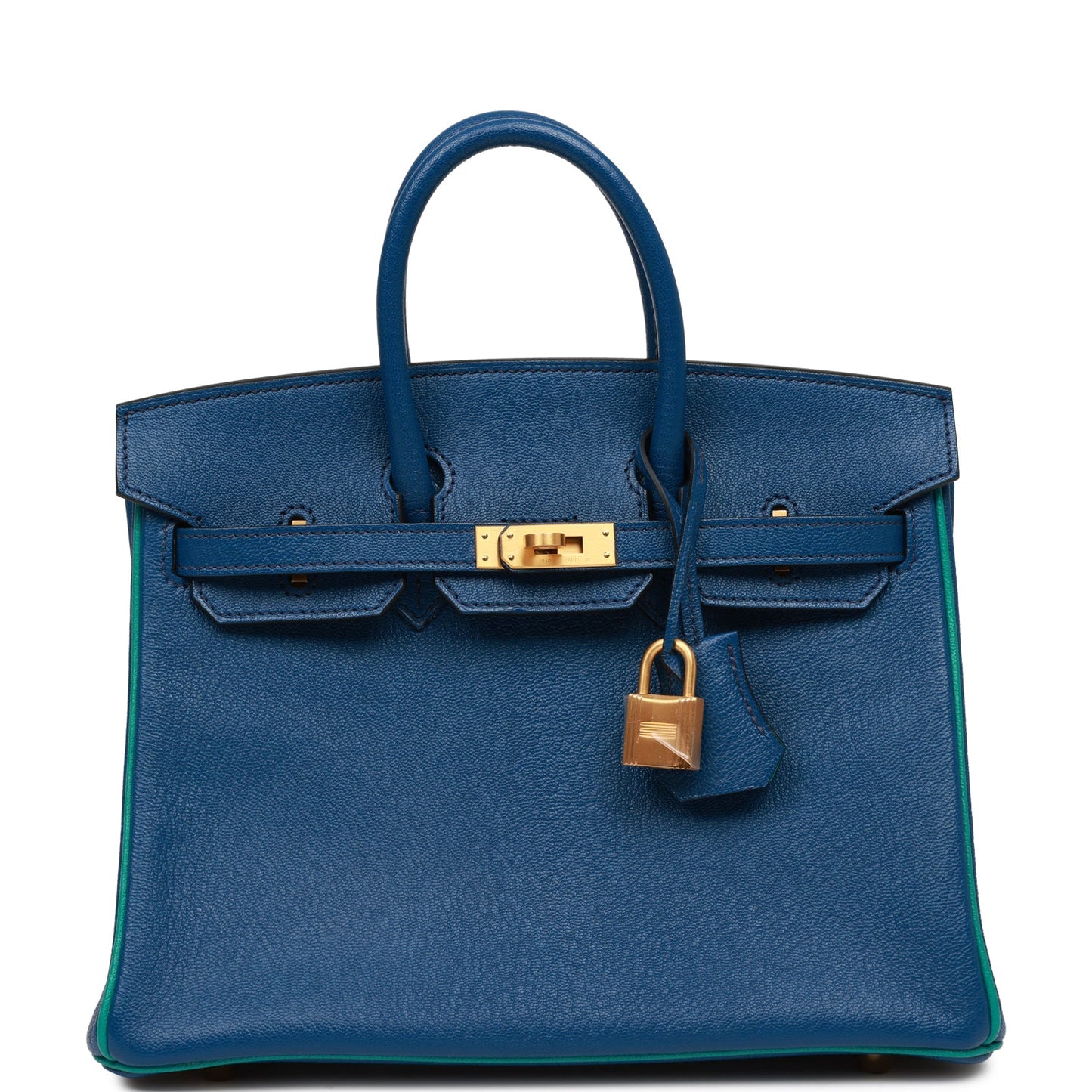 Pre-owned Hermes Special Order (HSS) Birkin 25 Bleu Saphir and Vert Vertigo Chevre Brushed Gold Hardware