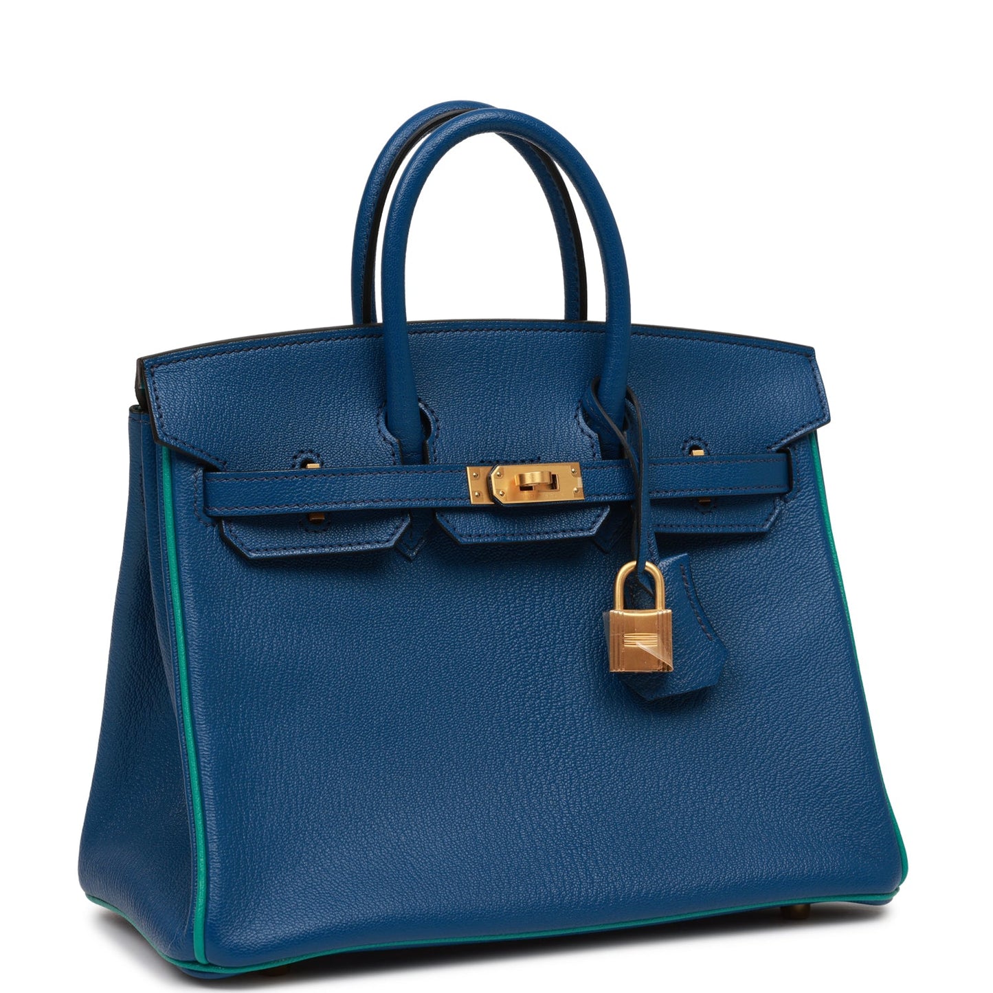 Pre-owned Hermes Special Order (HSS) Birkin 25 Bleu Saphir and Vert Vertigo Chevre Brushed Gold Hardware