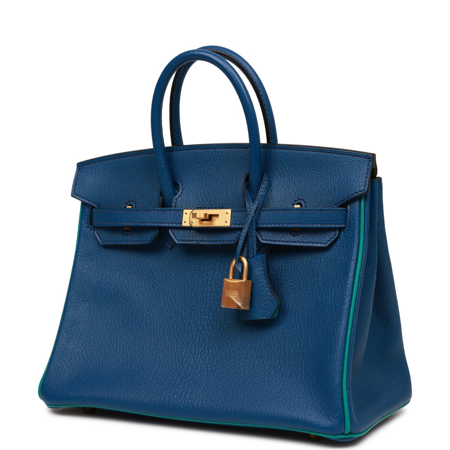 Pre-owned Hermes Special Order (HSS) Birkin 25 Bleu Saphir and Vert Vertigo Chevre Brushed Gold Hardware