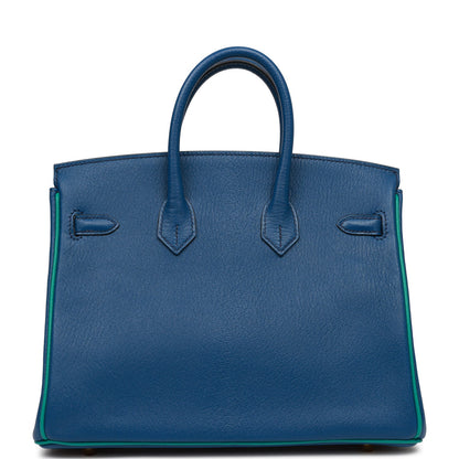 Pre-owned Hermes Special Order (HSS) Birkin 25 Bleu Saphir and Vert Vertigo Chevre Brushed Gold Hardware