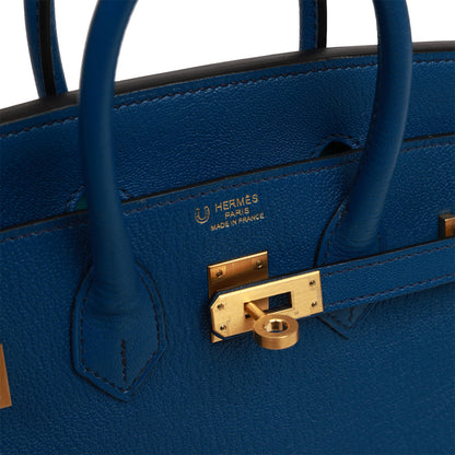 Pre-owned Hermes Special Order (HSS) Birkin 25 Bleu Saphir and Vert Vertigo Chevre Brushed Gold Hardware