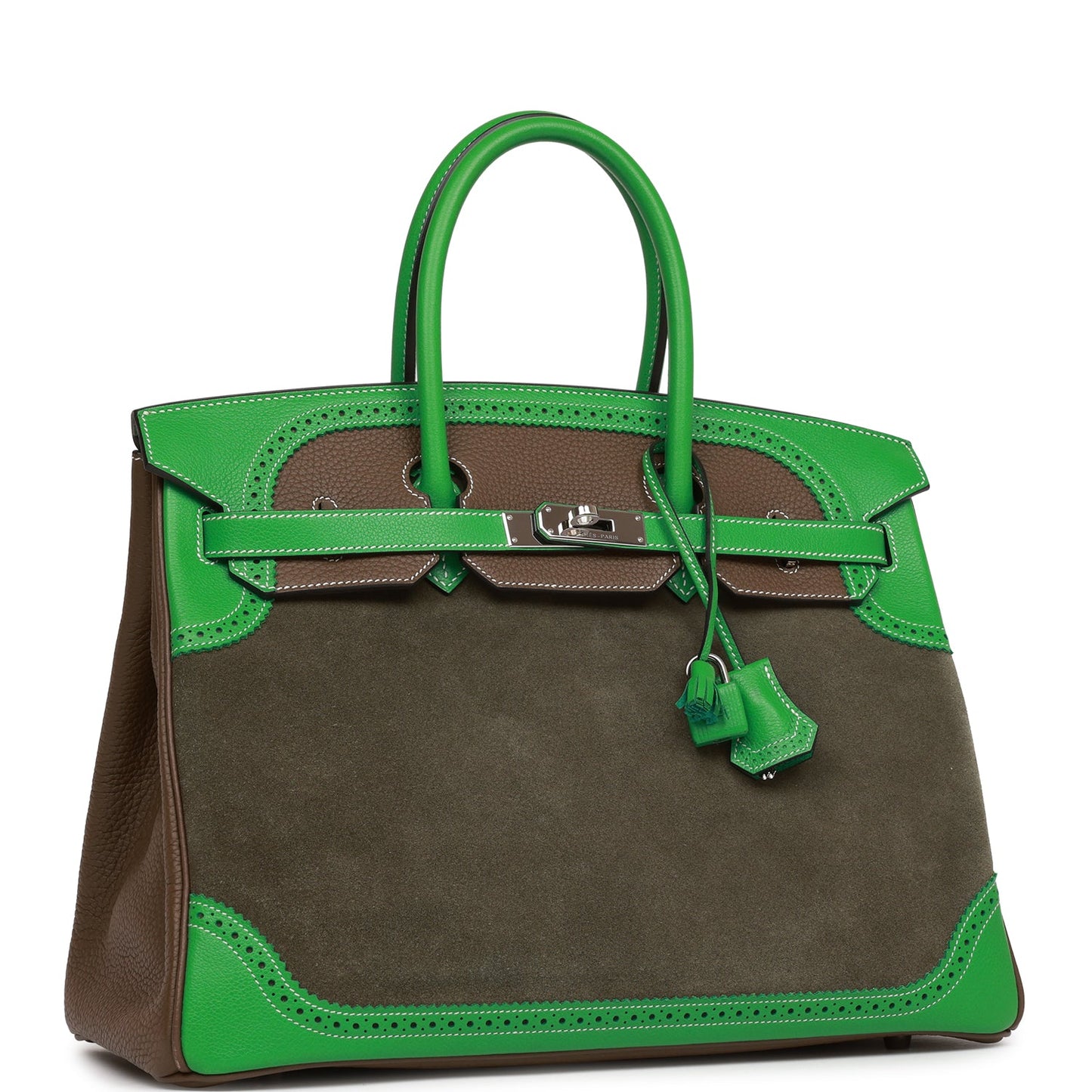 Pre-owned Hermes Grizzly Ghillies Birkin 35 Vert de Gris, Bambou and Taupe Doblis Palladium Hardware