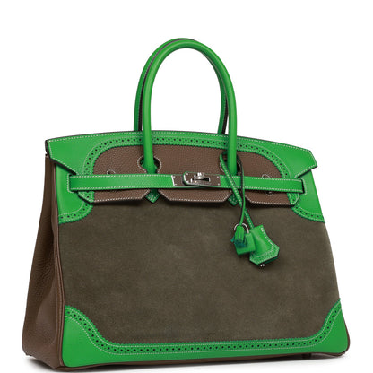 Pre-owned Hermes Grizzly Ghillies Birkin 35 Vert de Gris, Bambou and Taupe Doblis Palladium Hardware