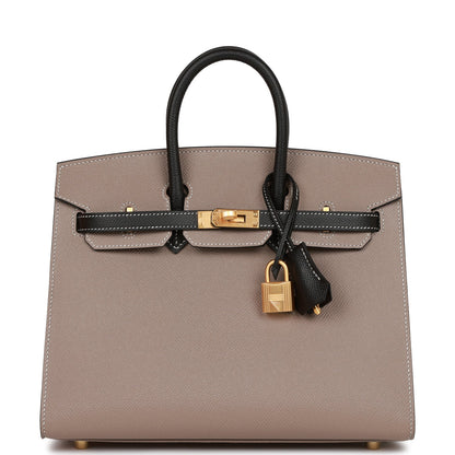 Hermes Special Order (HSS) Birkin Sellier 25 Etoupe and Black Epsom Brushed Gold Hardware