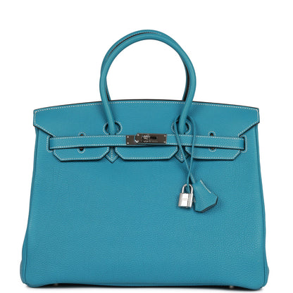 Pre-owned Hermes Birkin 35 Bleu Jean Togo Palladium Hardware