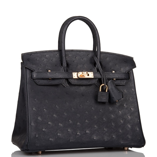 Hermes Birkin 25 Bleu Indigo Ostrich Rose Gold Hardware