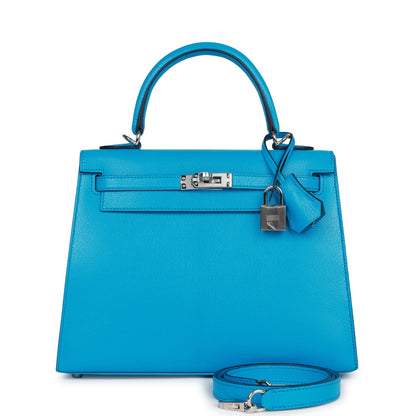 Hermes Kelly Sellier 25 Bleu Frida Chevre Palladium Hardware