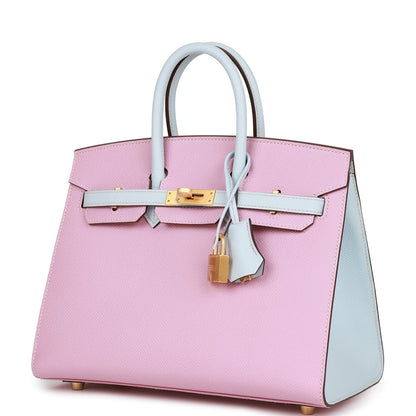 Hermes Special Order (HSS) Birkin Sellier 25 Mauve Sylvestre and Bleu Brume Epsom Brushed Gold Hardware