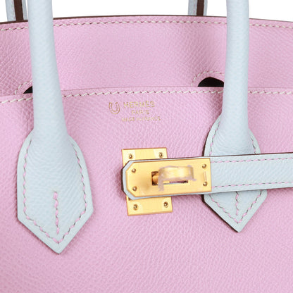 Hermes Special Order (HSS) Birkin Sellier 25 Mauve Sylvestre and Bleu Brume Epsom Brushed Gold Hardware