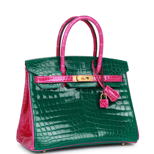 Hermes Special Order (HSS) Birkin 30 Emerald and Rose Scheherazade Shiny Niloticus Crocodile Brushed Gold Hardware