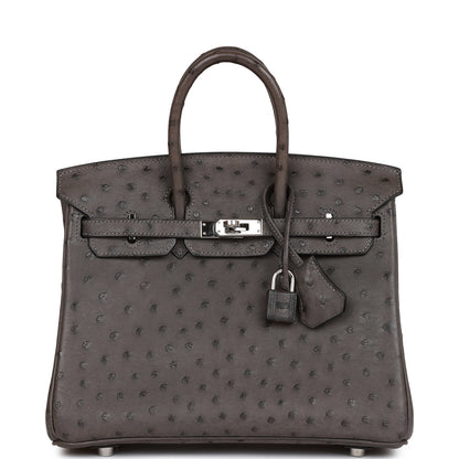 Pre-owned Hermes Birkin 25 Graphite Ostrich Palladium Hardware