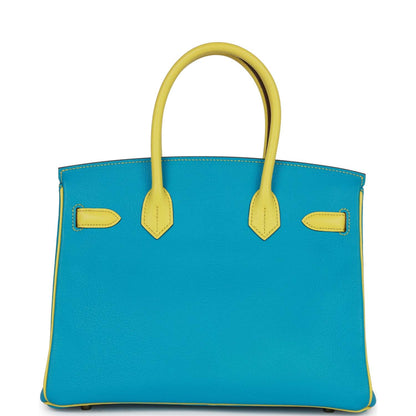 Hermes Special Order (HSS) Birkin 30 Bleu Turquoise and Lime Chevre Gold Hardware