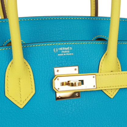 Hermes Special Order (HSS) Birkin 30 Bleu Turquoise and Lime Chevre Gold Hardware