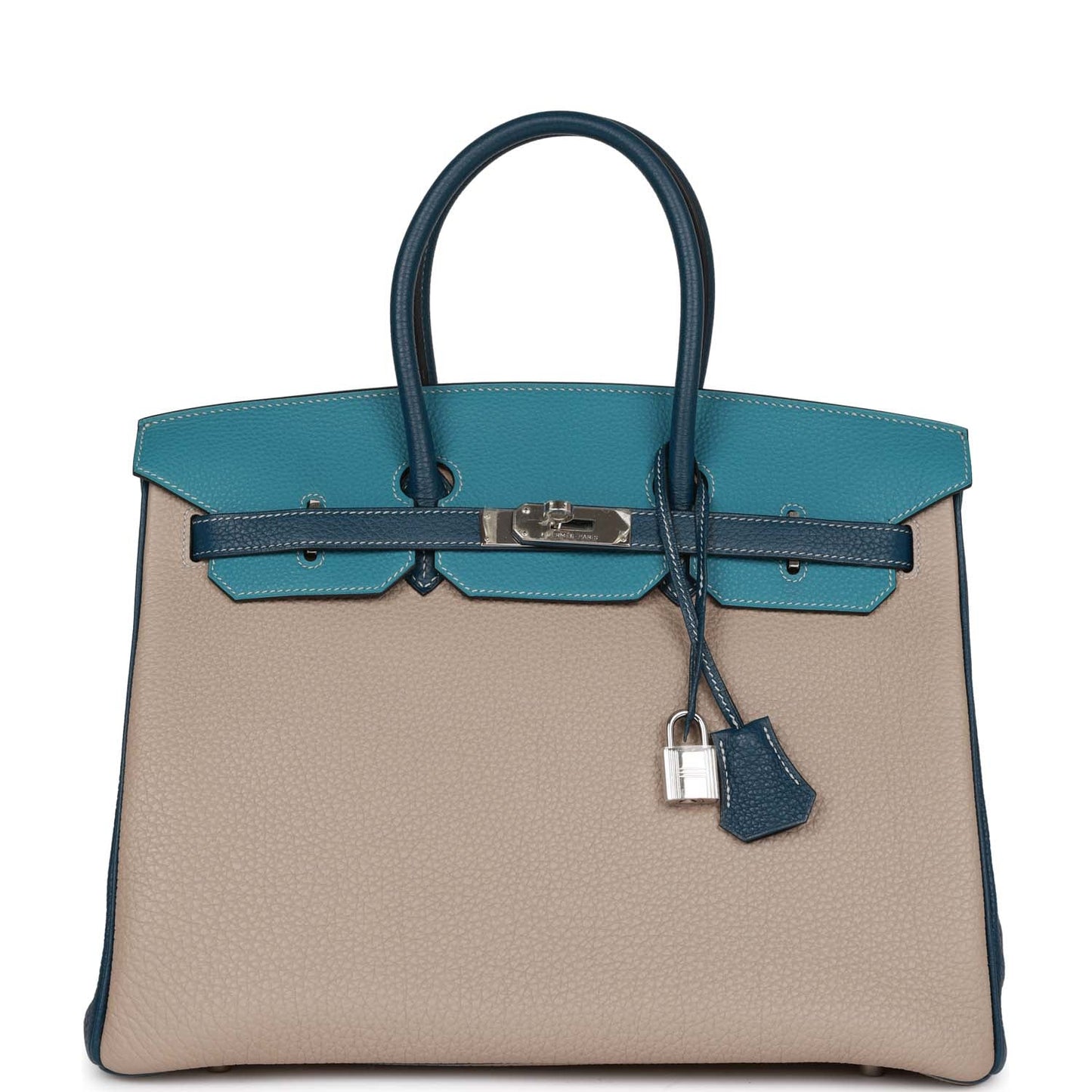 Hermes Special Order (HSS) Birkin 35 Tricolor Gris Tourterelle, Bleu Jean, and Bleu de Malte Clemence Palladium Hardware