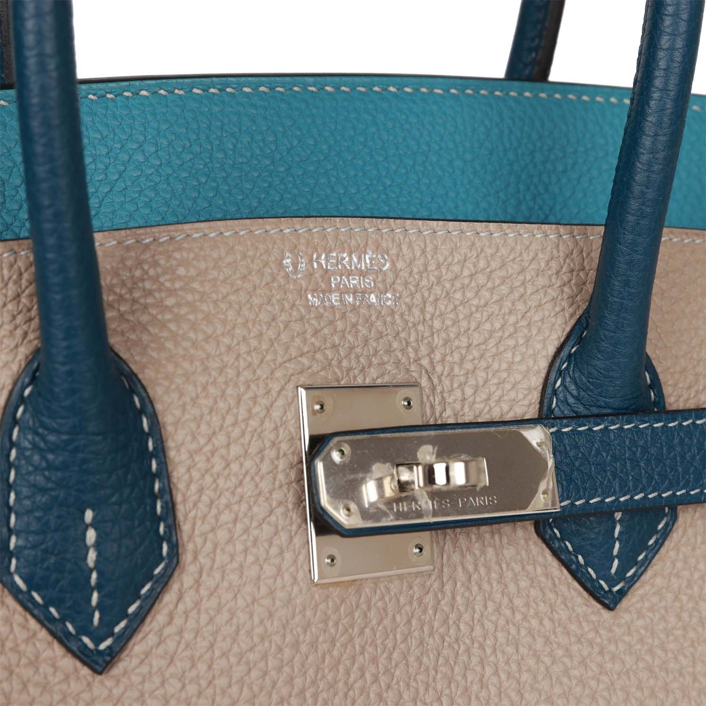 Hermes Special Order (HSS) Birkin 35 Tricolor Gris Tourterelle, Bleu Jean, and Bleu de Malte Clemence Palladium Hardware