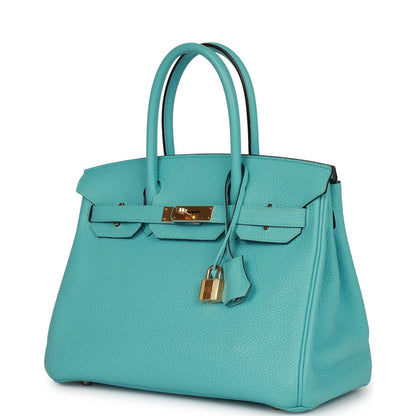 Pre-Owned Hermes Birkin 30 Bleu Atoll Clemence Gold Hardware