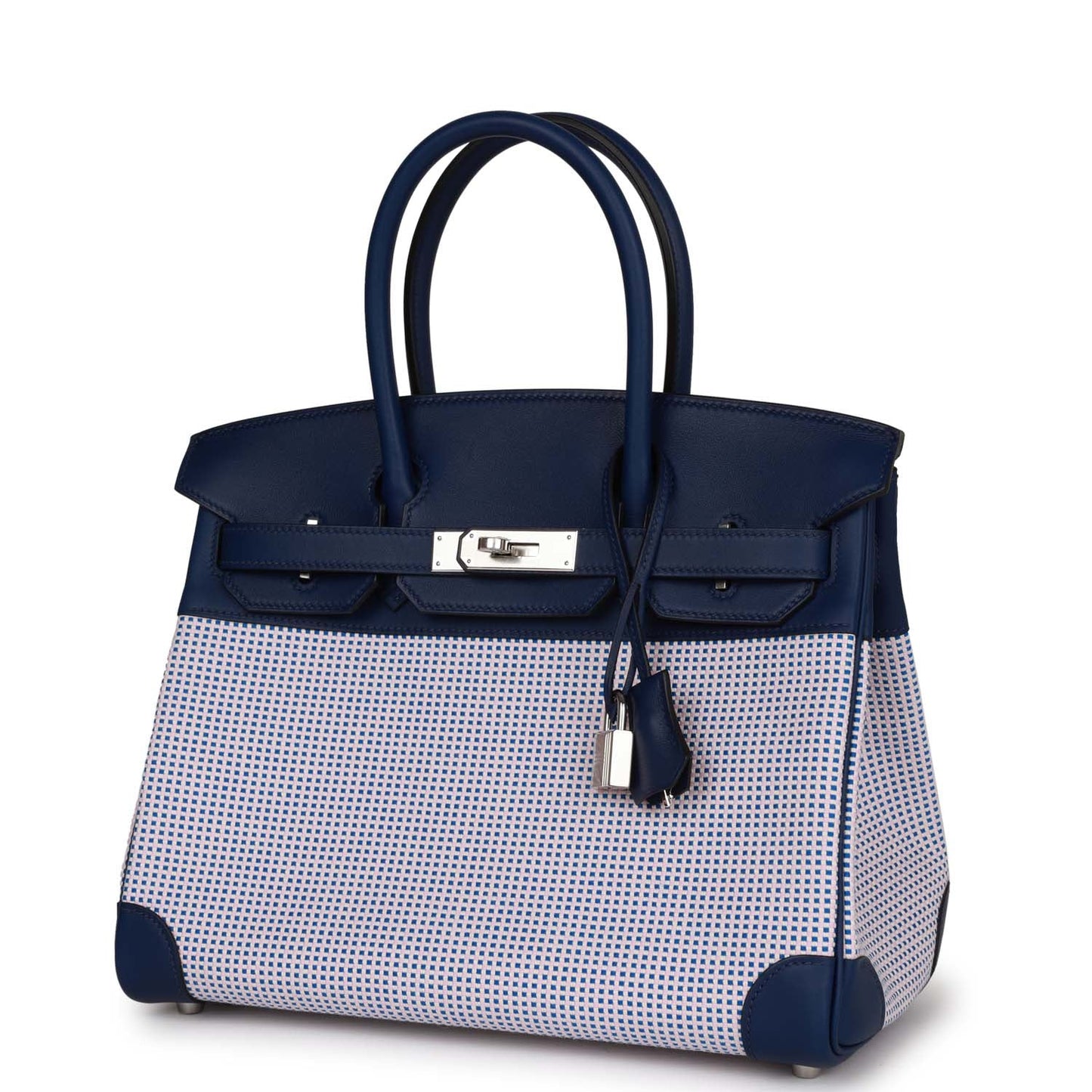 Hermes Quadrille Birkin 30 Bleu Saphir Swift and Ecru Mauve Toile Palladium Hardware