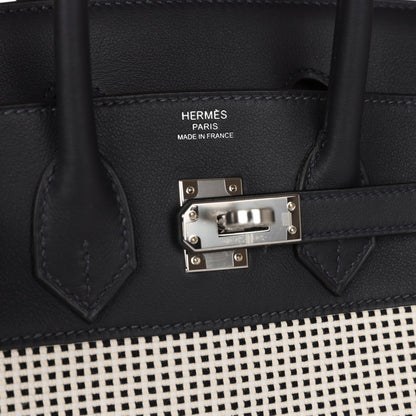 Hermes Quadrille Birkin 25 Black Swift and Ecru Toile Palladium Hardware