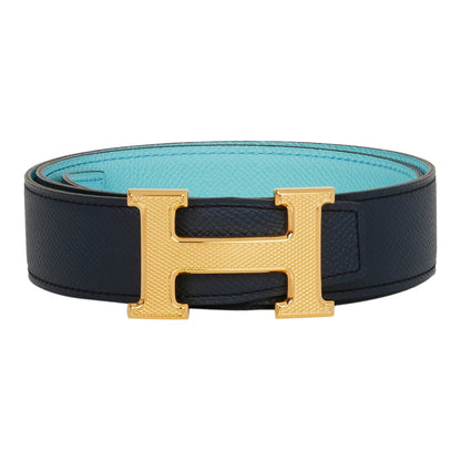 Hermes 32mm Reversible Bleu Indigo/Bleu Atoll Constance H Belt 75cm Guilloche Gold Buckle