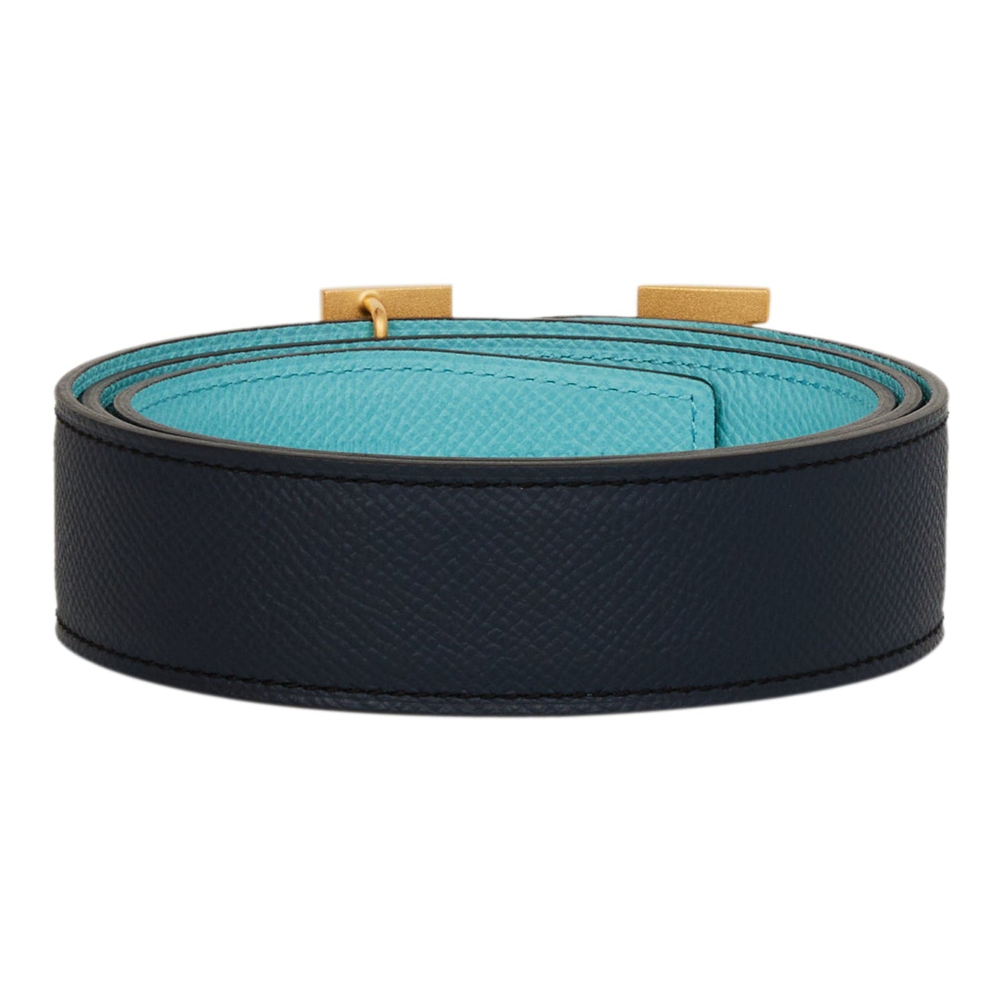 Hermes 32mm Reversible Bleu Indigo/Bleu Atoll Constance H Belt 85cm Guilloche Gold Buckle