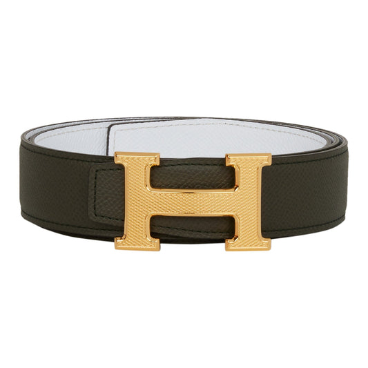 Hermes 32mm Reversible Vert de Gris/White Constance H Belt 85cm Guilloche Gold Buckle