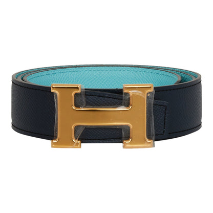 Hermes 32mm Reversible Bleu Indigo/Bleu Atoll Constance H Belt 85cm Gold Buckle