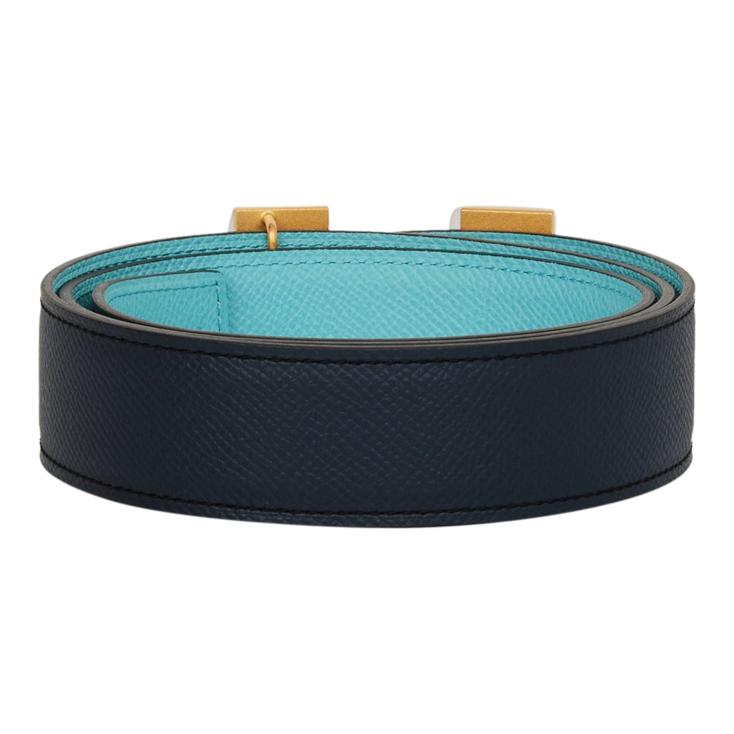 Hermes 32mm Reversible Bleu Indigo/Bleu Atoll Constance H Belt 85cm Gold Buckle