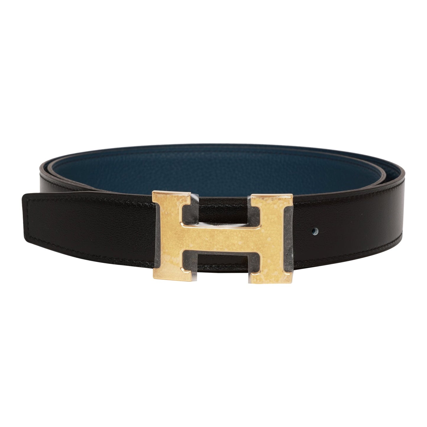 Hermes 32mm Reversible Black/Bleu de Prusse Constance H Belt 95cm Martelee Gold Buckle