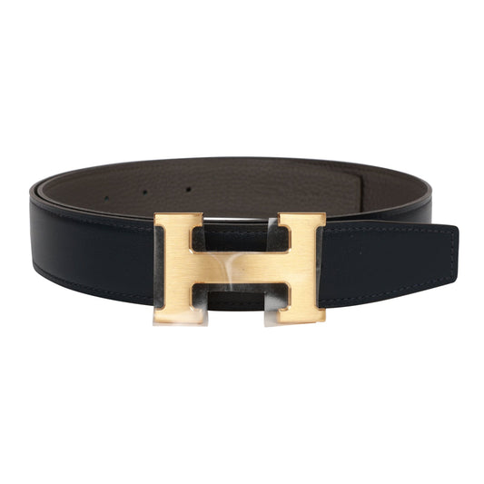 Hermes 32mm Reversible Bleu Marine/Etain Constance H Belt 80cm Brushed Gold Buckle